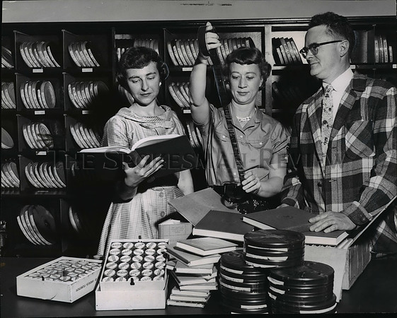 1957 Press Photo Reels of the Chronicles of America photoplays being reviewed