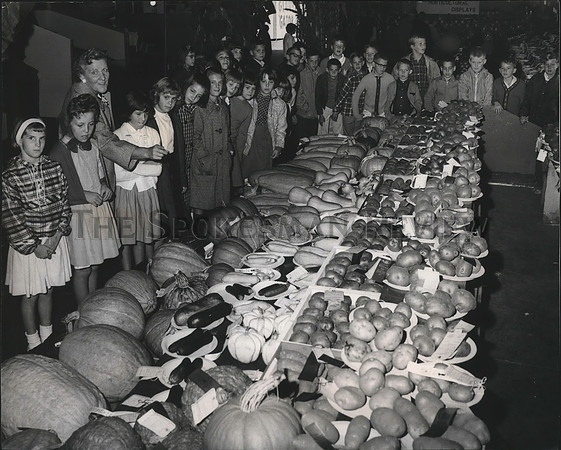 1968 Press Photo Mrs. G.E. Swanson shows her class the vegetable display at Fair