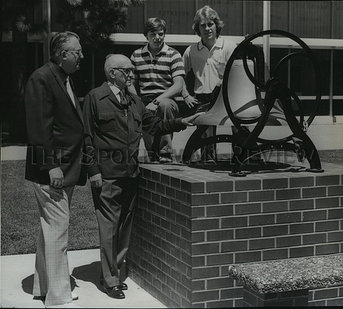 1976 Press Photo Ferris High School Victory Bell on it's new pedestal