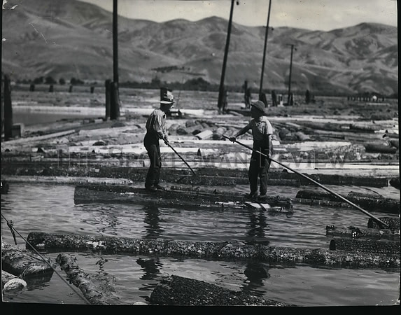1938 Press Photo Work the log boom at CTC Mill, Lewiston, Idaho