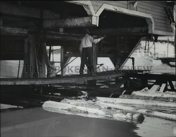 1938 Press Photo Man working the log boom at C.T.C, Lewiston, Idaho