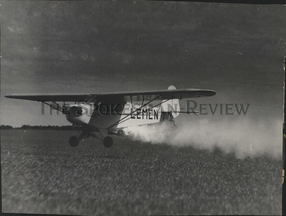 1952 Press Photo Crop duster piloted by Loren W. Lemen spraying a pea field