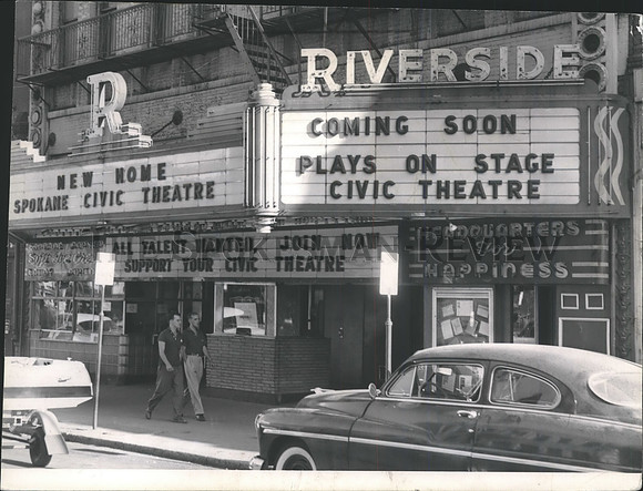 1957 Press Photo Riverside theater marquee features new plays at Civic Theatre