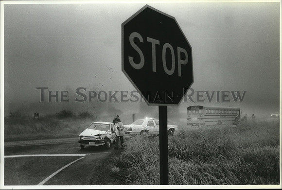 1988 Press Photo Collision Between School Bus and Car at Garden Springs Exit